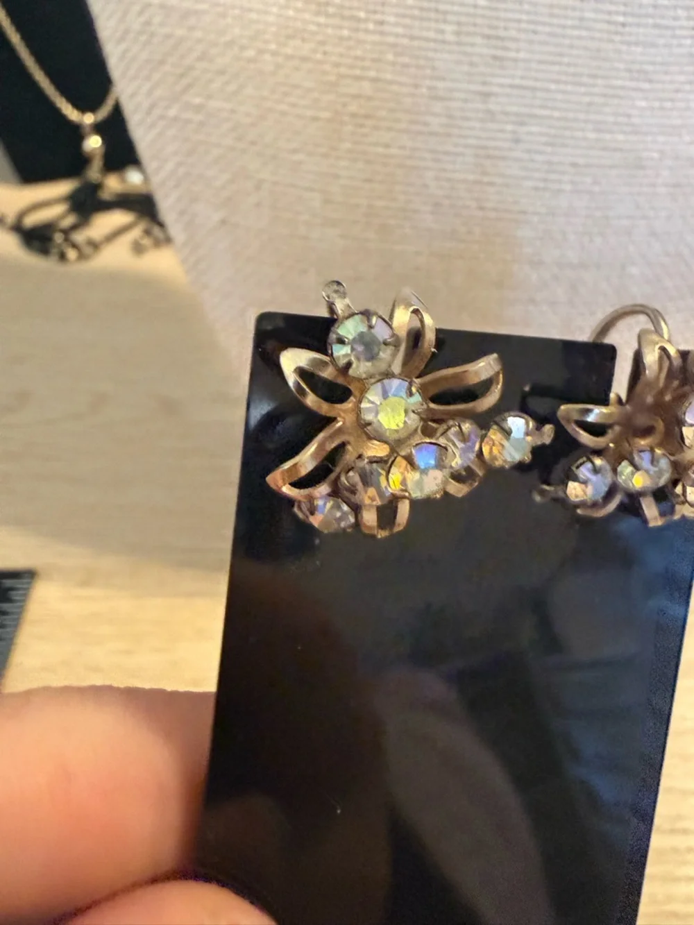 Gold-Tone Vintage‎ Aurora Borealis Crystal Floral Clip-On Earrings